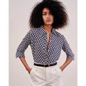 Nili Lotan Navy Blue White Allover Kate Print Button Down Shirt 100 Cotton Small